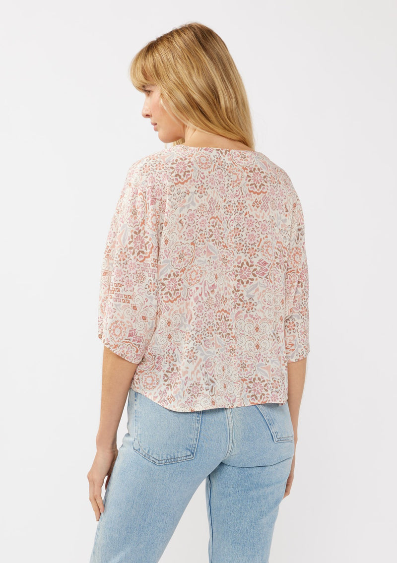 KIMONO TIE FRONT TOP - NATURAL/DUSTY PINK