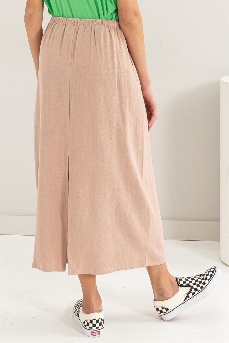 LINEN BLEND MIDI SKIRT - TAN