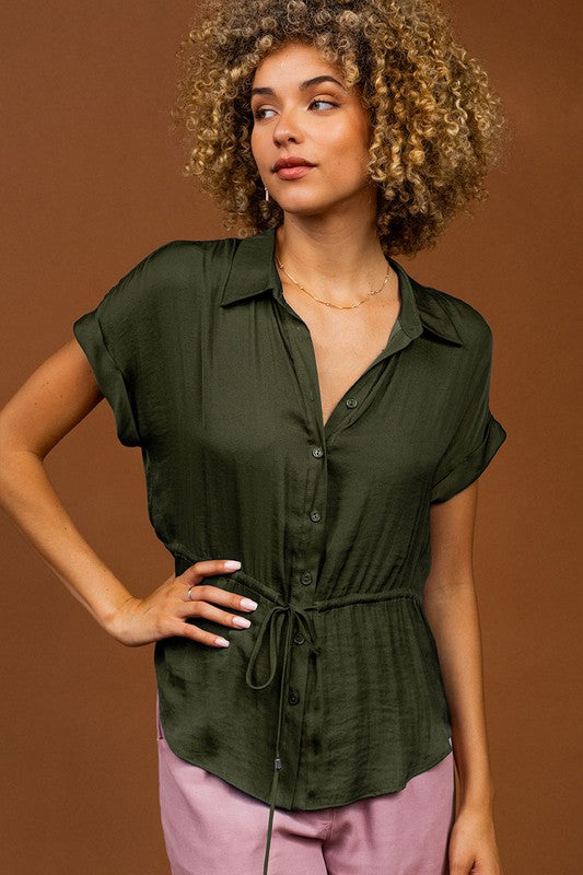 BUTTON FRONT BLOUSE WITH DRAWSTRING WAIST - OLIVINE