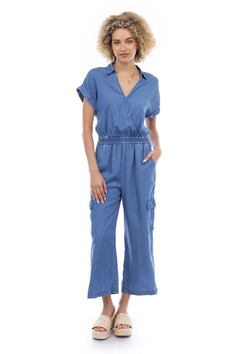 TENCEL SURPLICE CARGO JUMPSUIT - MEDIUM BUE