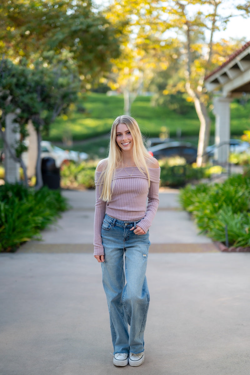 OFF SHOULDER LONG SLEEVE TOP - ELDERBERRY