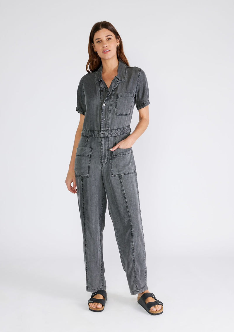 COLLARED BUTTON FRONT JUMPSUIT - ASH GREY