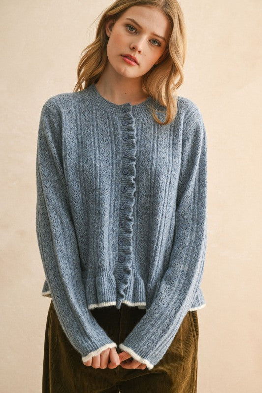 RUFFLE DETAIL SWEATER CARDIGAN - DENIM BLUE