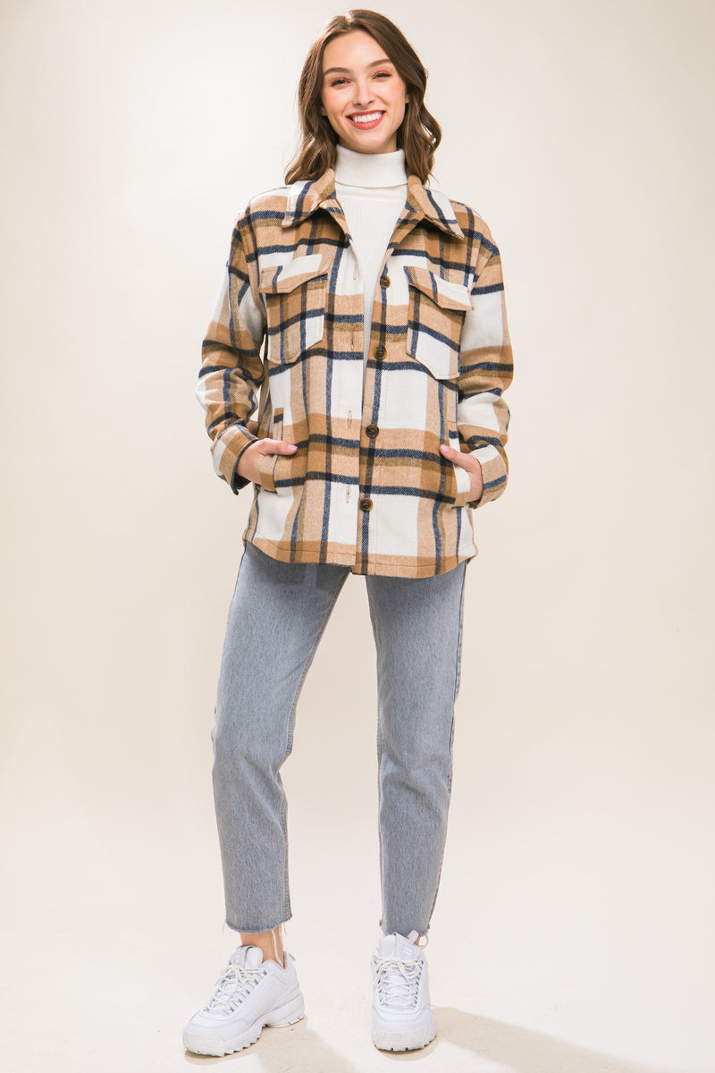 PLAID BUTTON UP SHACKET - CAMEL