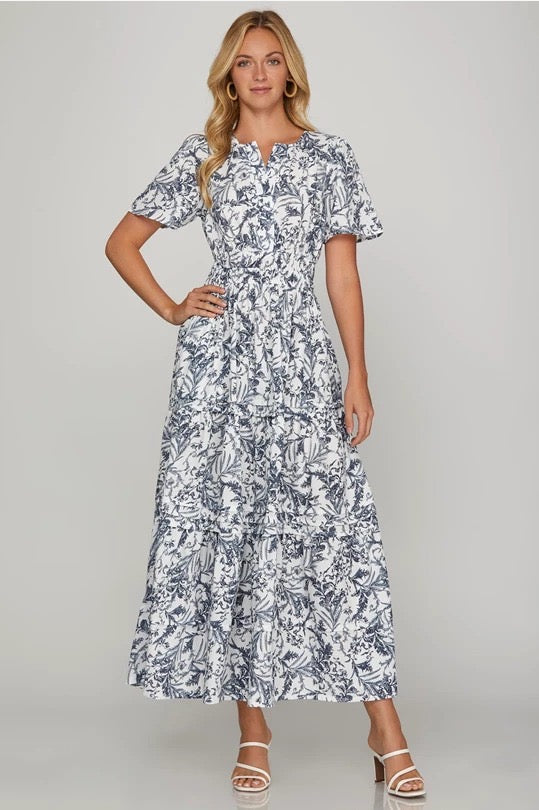 FLORAL PRINT PINTUCK MAXI DRESS - OFF WHITE/NAVY