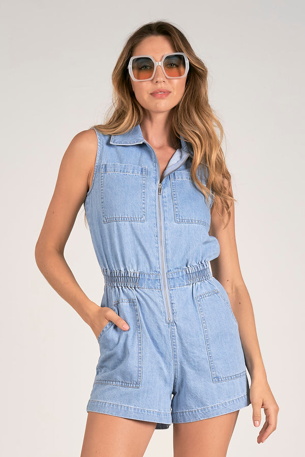 ELAN COLLARED SLEEVELESS ROMPER - BLUE