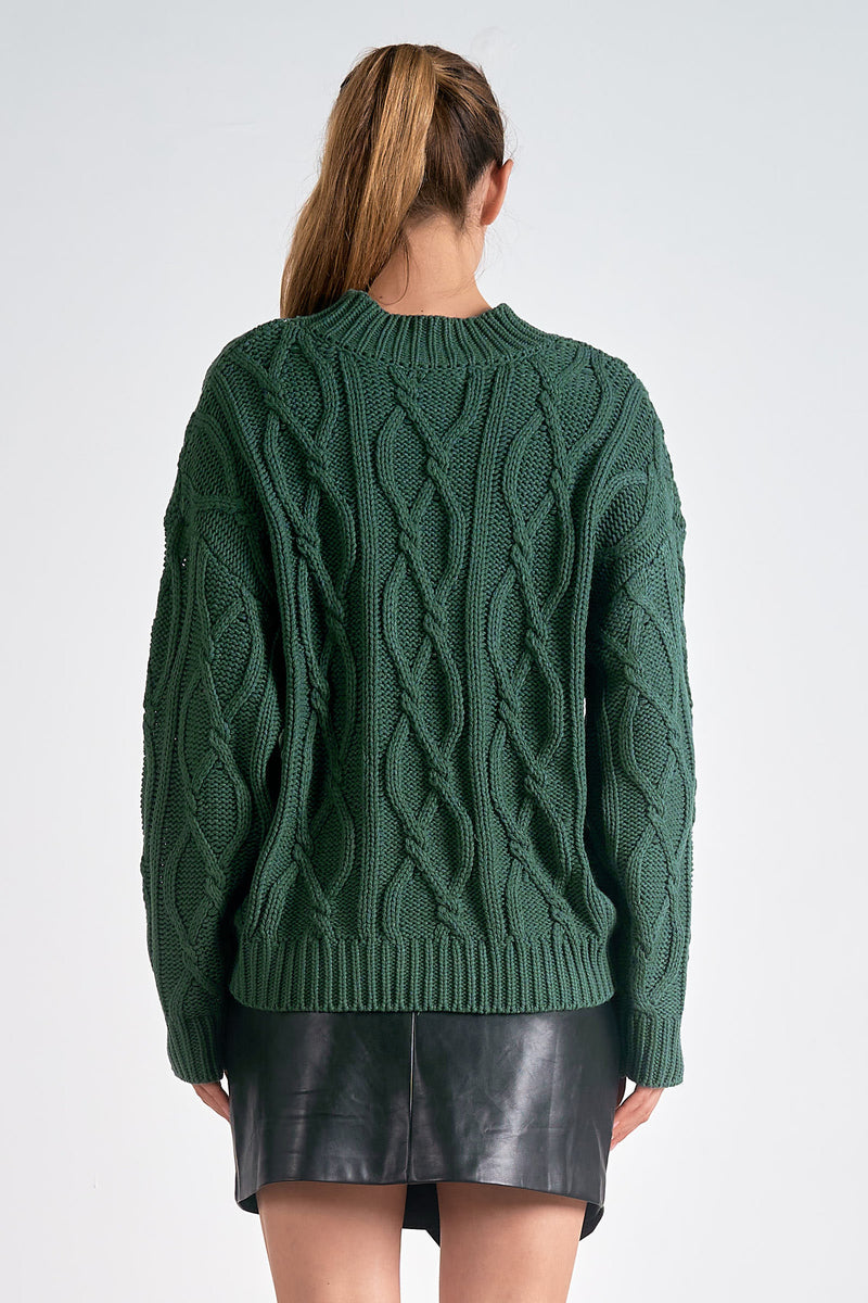 ELAN MOCK NECK CABLE KNIT SWEATER - DK GREEN