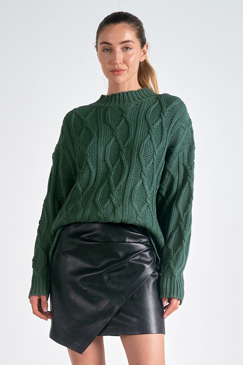 ELAN MOCK NECK CABLE KNIT SWEATER - DK GREEN