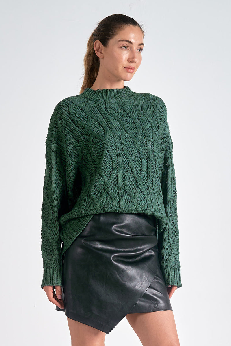 ELAN MOCK NECK CABLE KNIT SWEATER - DK GREEN