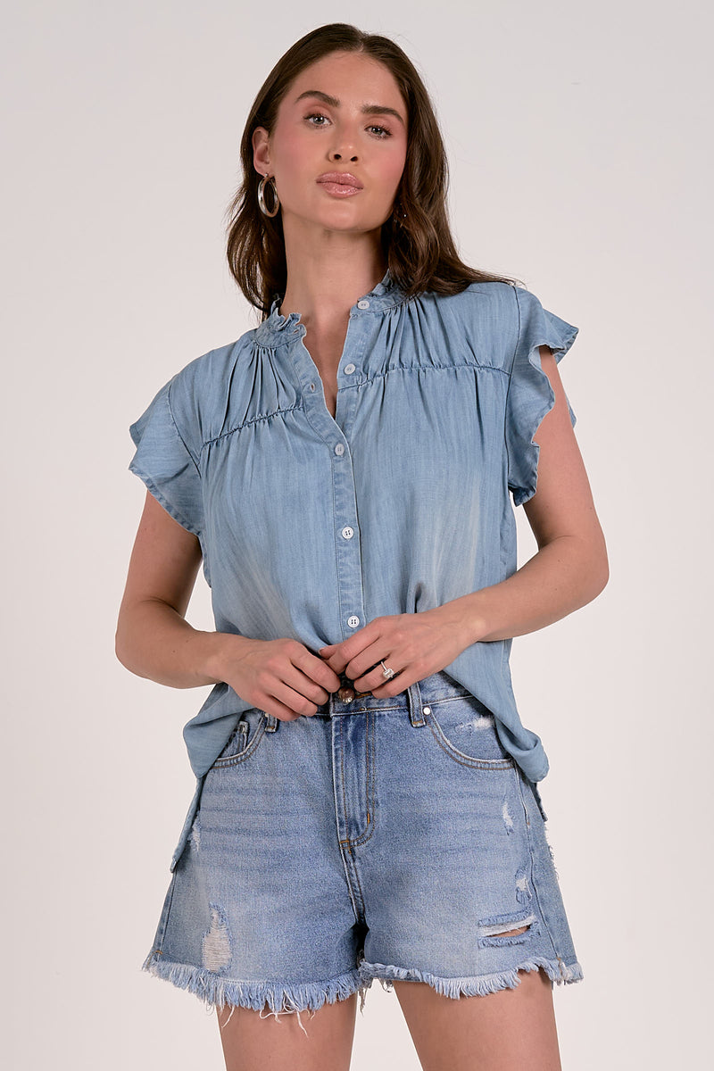 ELAN FLUTTER SLEEVE DENIM TOP - BLUE