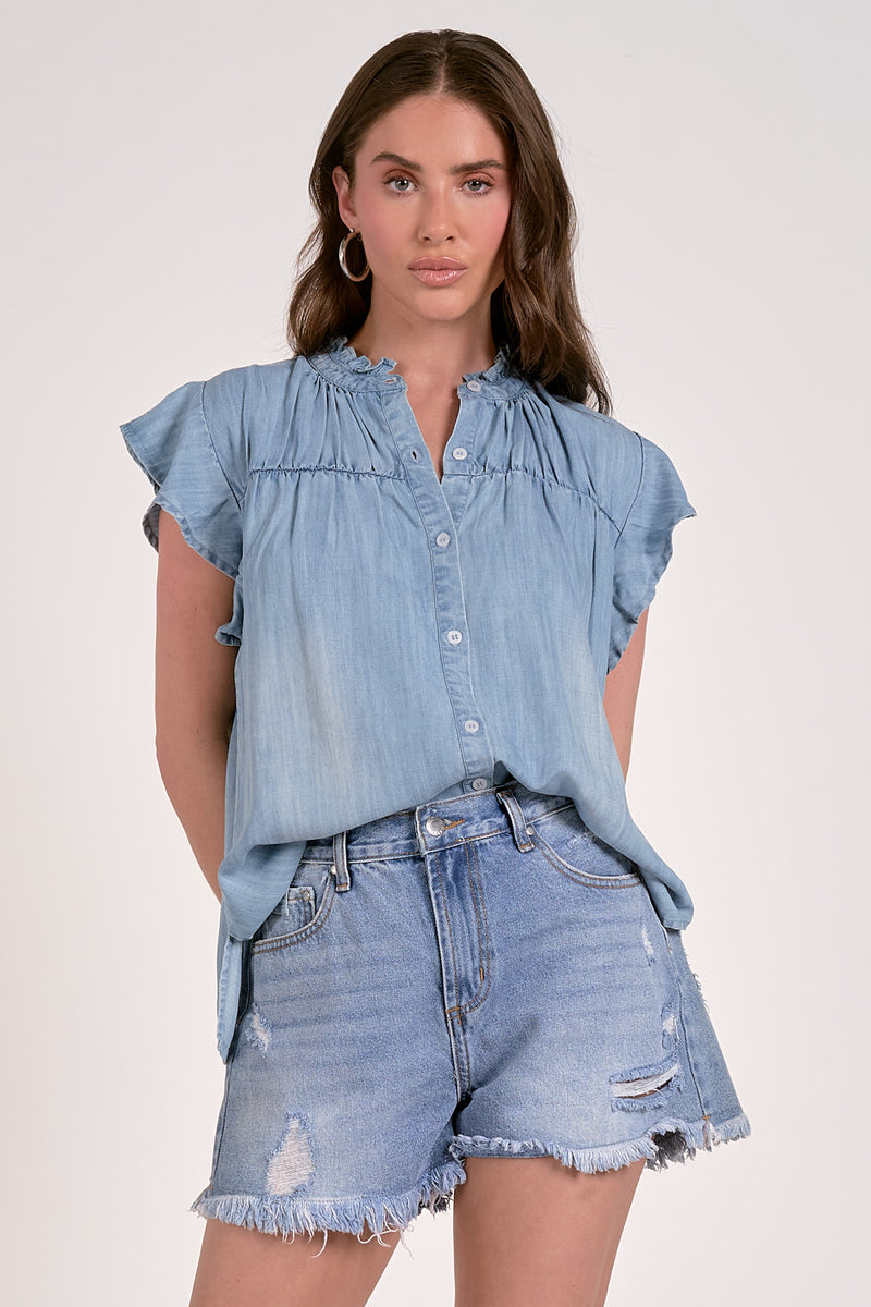 ELAN FLUTTER SLEEVE DENIM TOP - BLUE