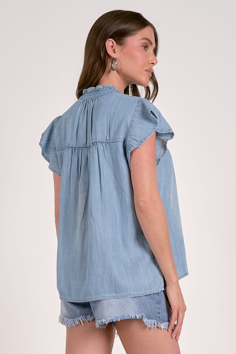 ELAN FLUTTER SLEEVE DENIM TOP - BLUE