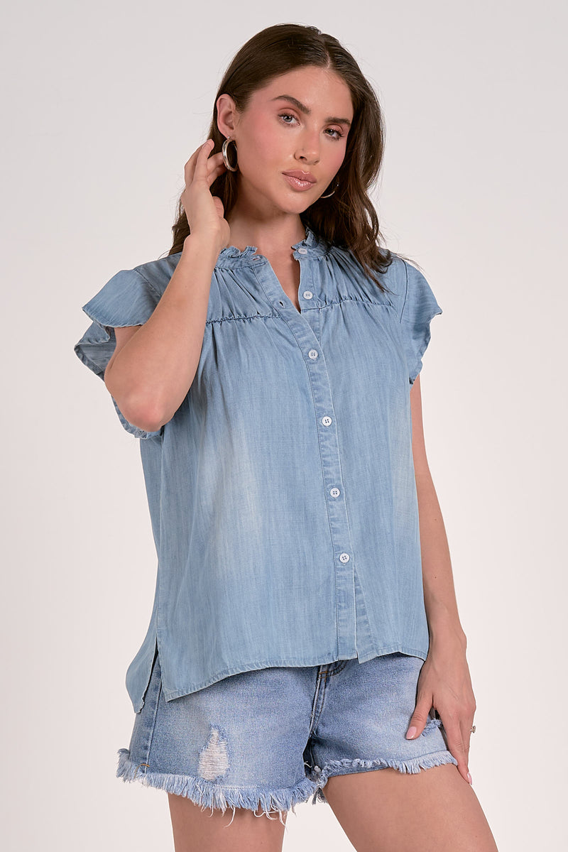 ELAN FLUTTER SLEEVE DENIM TOP - BLUE