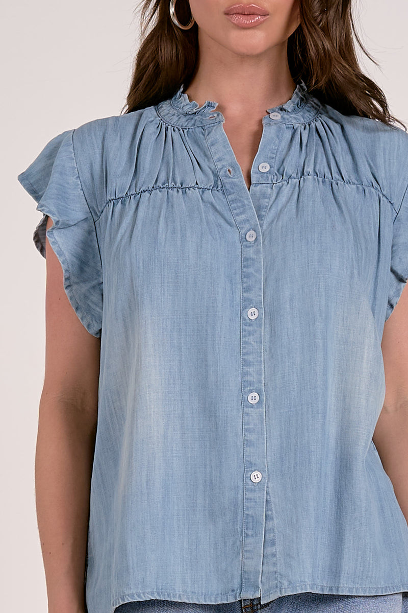 ELAN FLUTTER SLEEVE DENIM TOP - BLUE