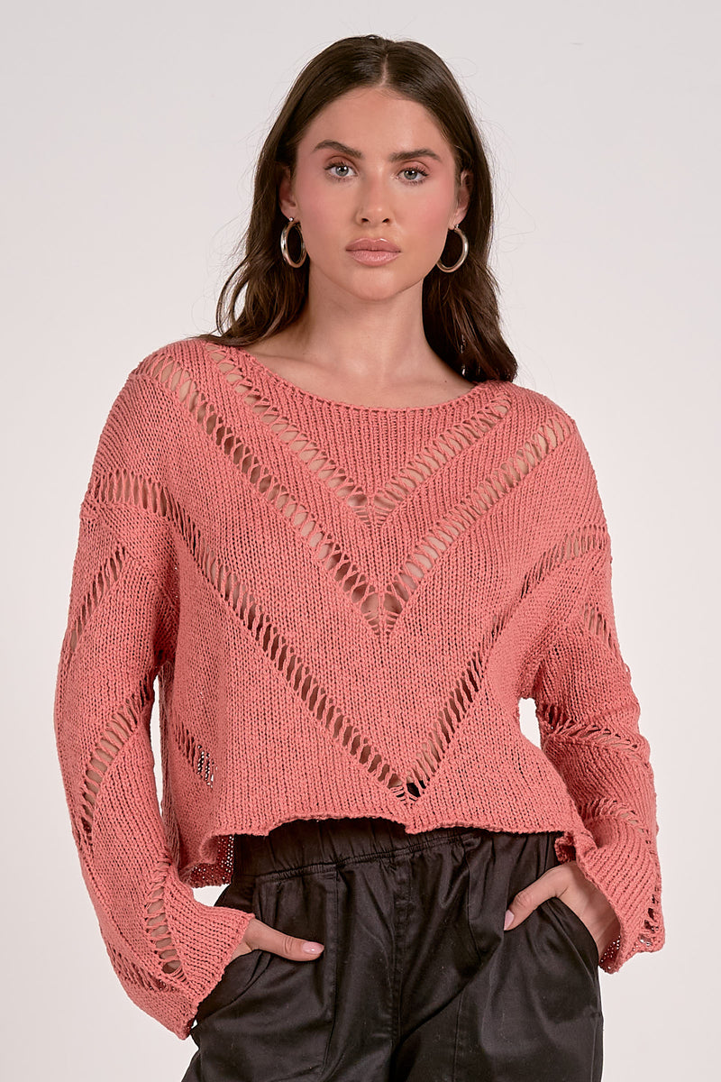 ELAN OPEN KNIT CHEVRON SWEATER - PEACH