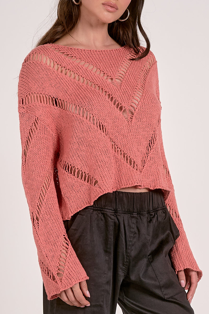 ELAN OPEN KNIT CHEVRON SWEATER - PEACH