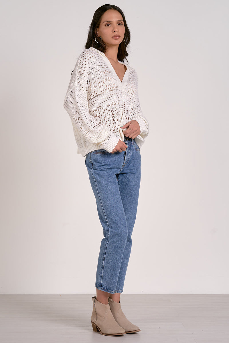 ELAN V-NECK COLLAR SWEATER - WHITE