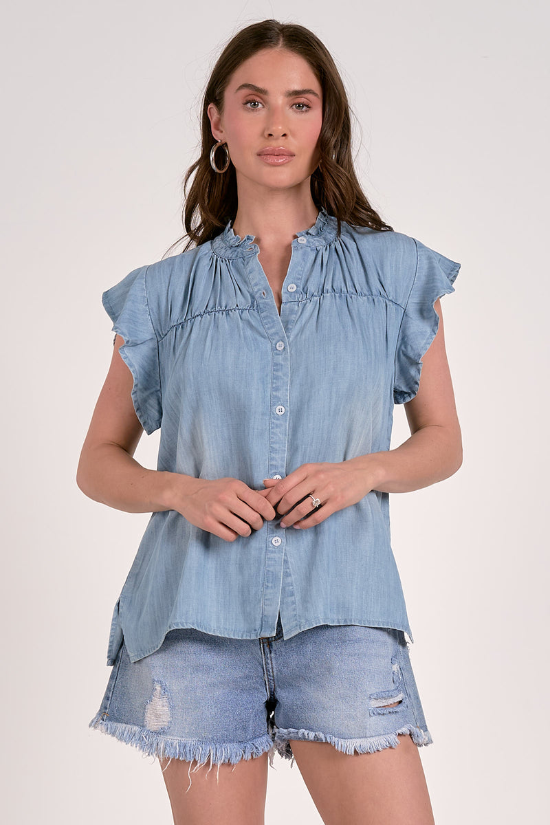 ELAN FLUTTER SLEEVE DENIM TOP - BLUE