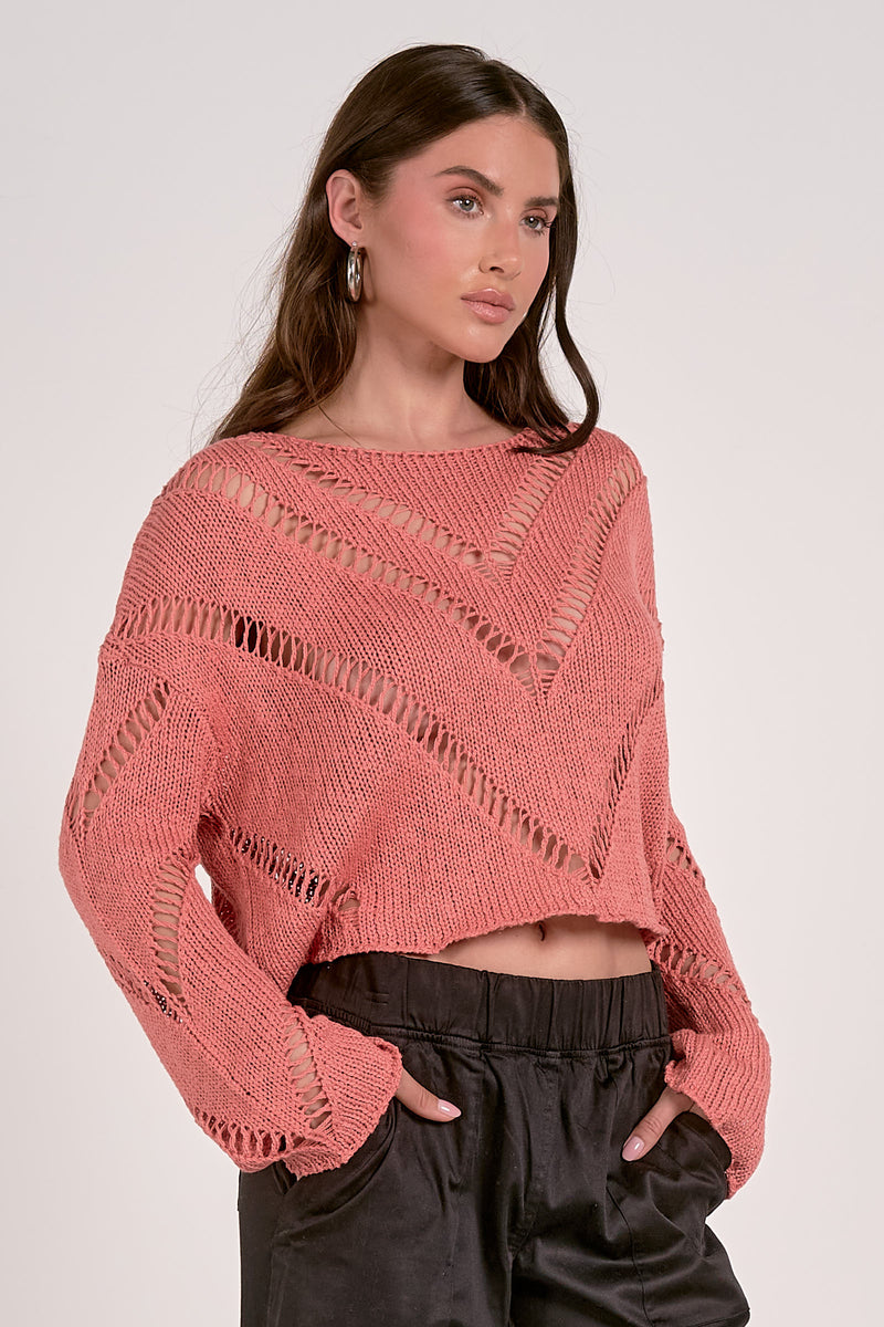 ELAN OPEN KNIT CHEVRON SWEATER - PEACH