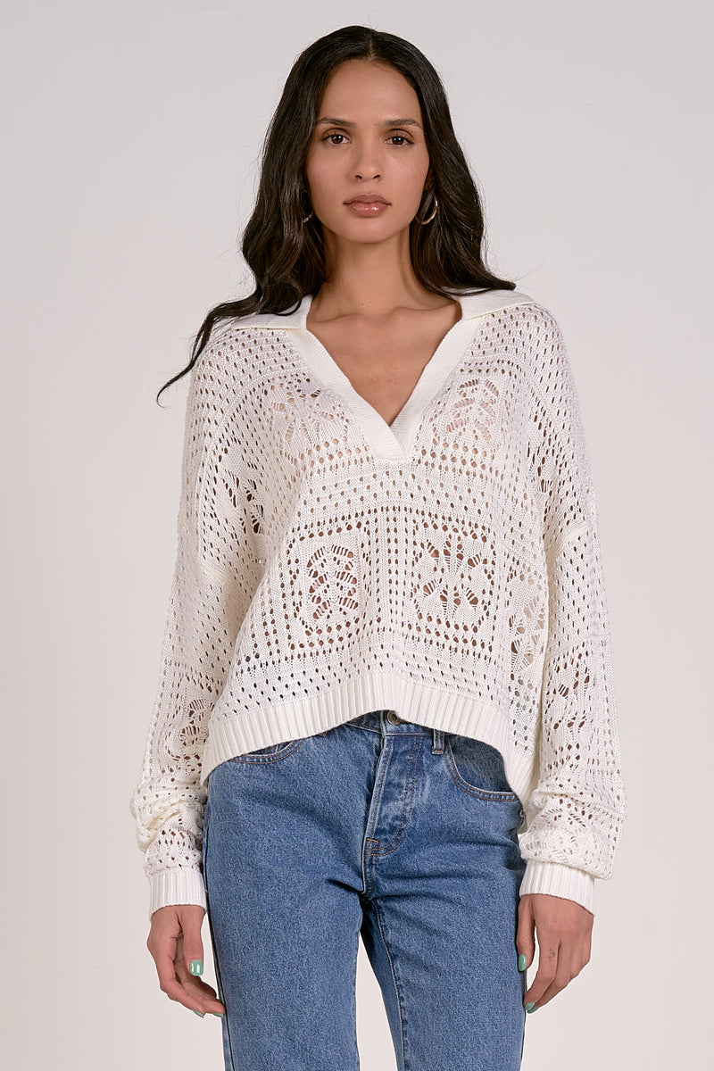 ELAN V-NECK COLLAR SWEATER - WHITE