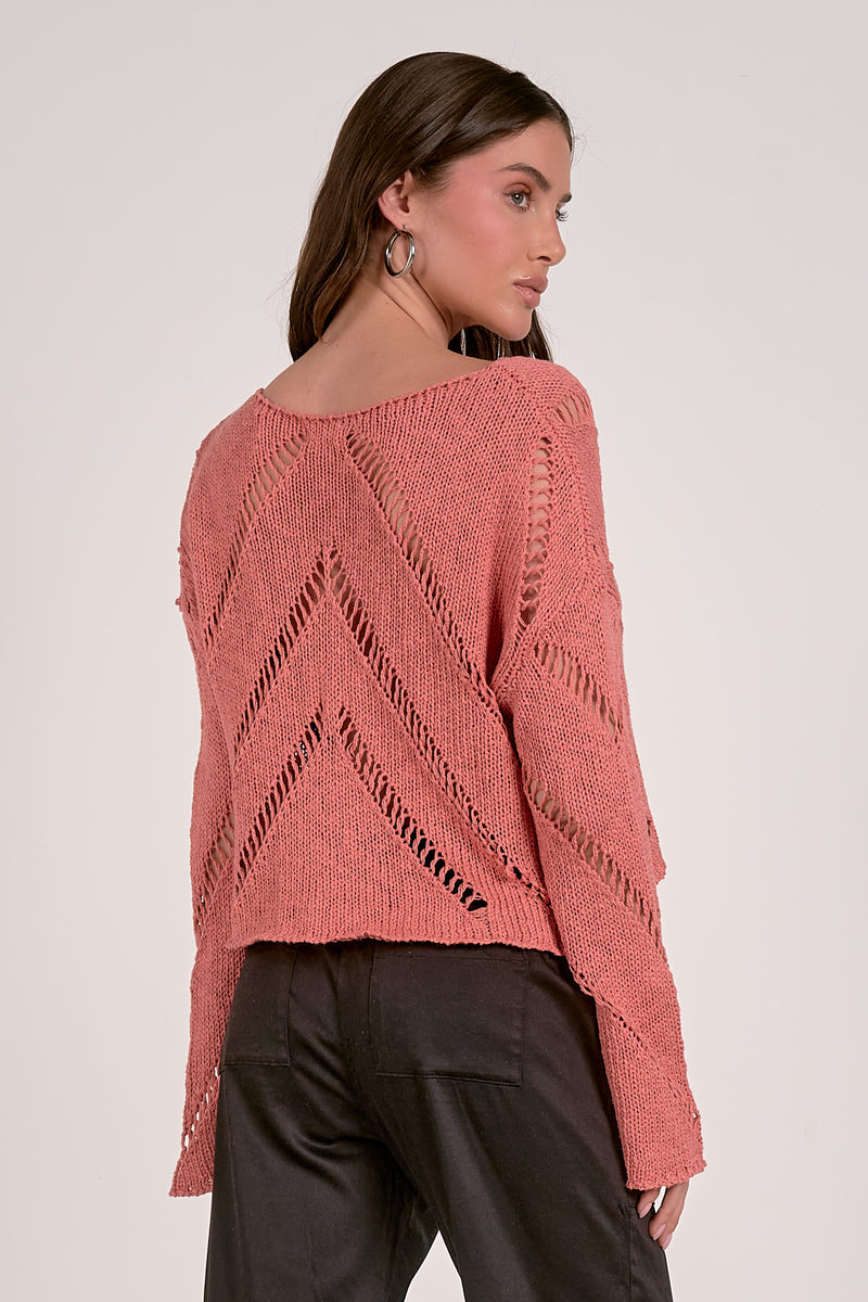 ELAN OPEN KNIT CHEVRON SWEATER - PEACH