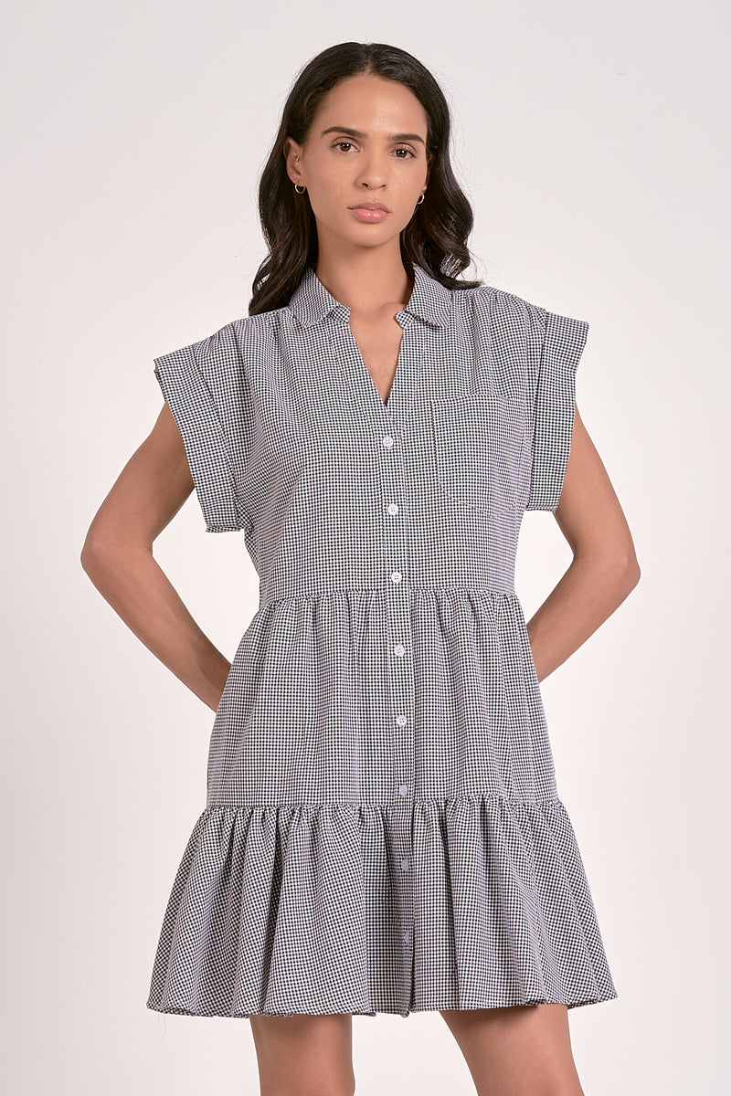 ELAN CAP SLEEVE GINGHAM DRESS - BLACK