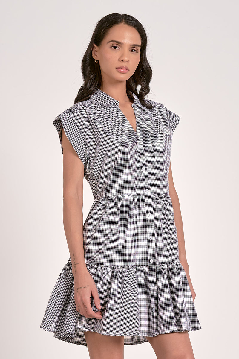 ELAN CAP SLEEVE GINGHAM DRESS - BLACK