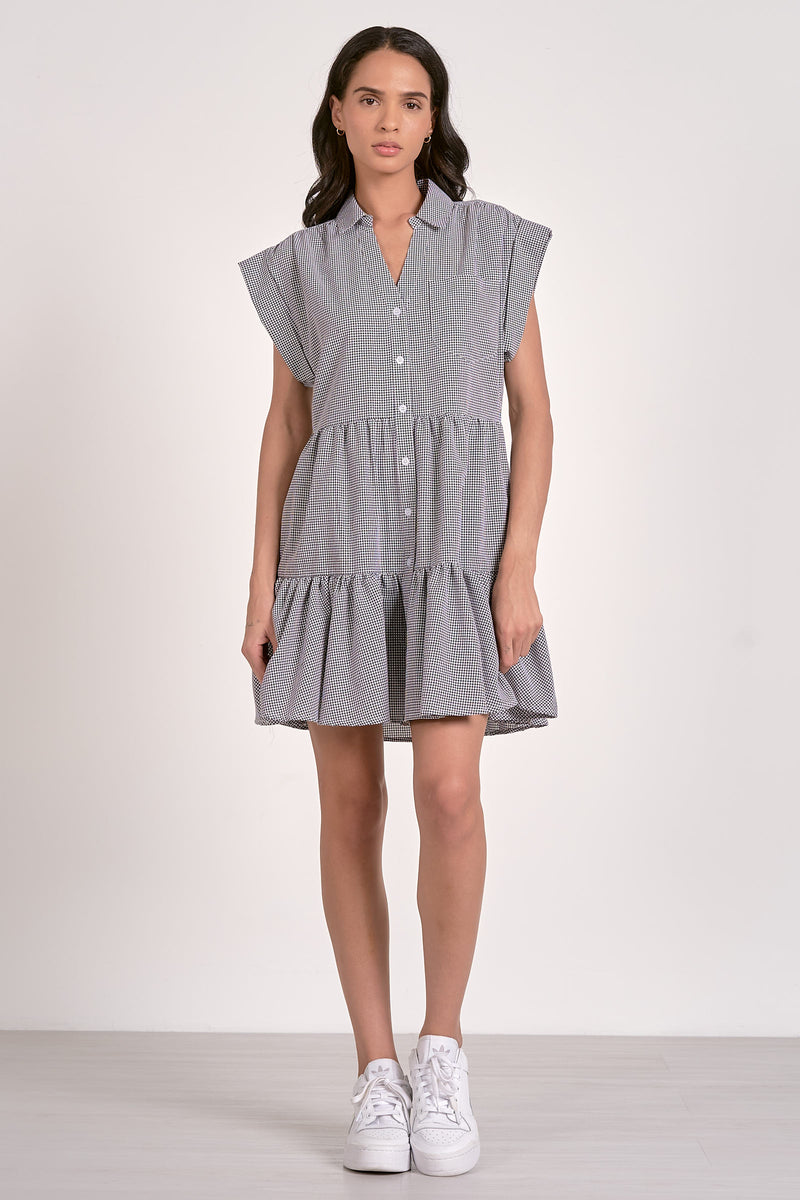 ELAN CAP SLEEVE GINGHAM DRESS - BLACK
