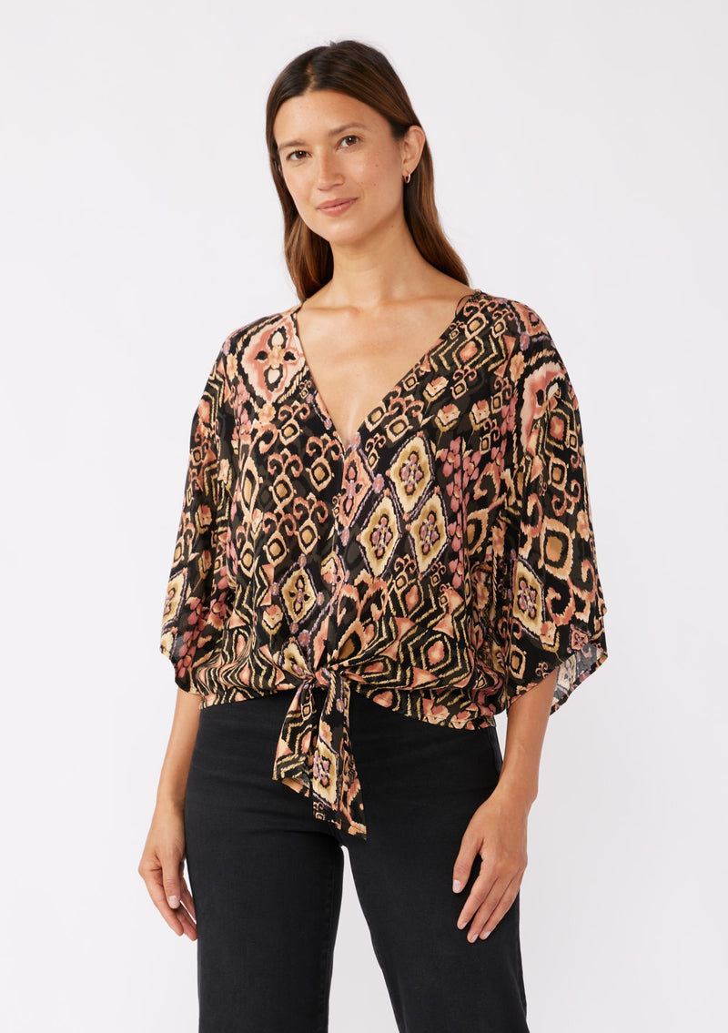 SHADOW CANYON TIE FRONT TOP - GREY/DUSTY ROSE