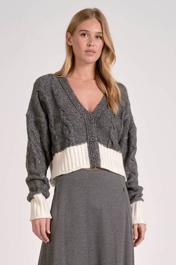 ELAN CARRIE SWEATER CARDIGAN - GREY WHITE COLOR BLOCK