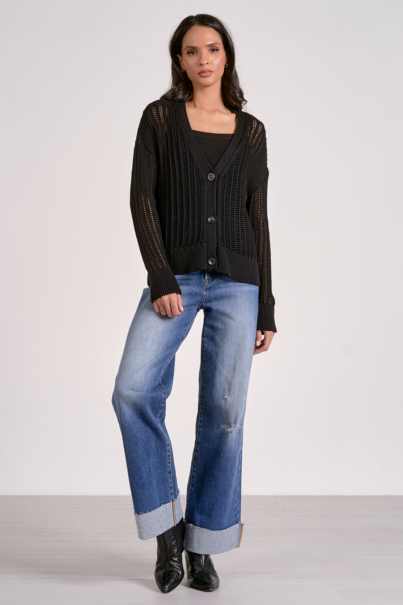 ELAN OPEN KNIT CARDIGAN - BLACK