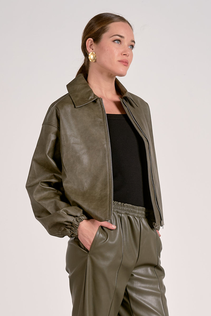 ELAN FAUX LEATHER OAKLEY BOMBER - PINE