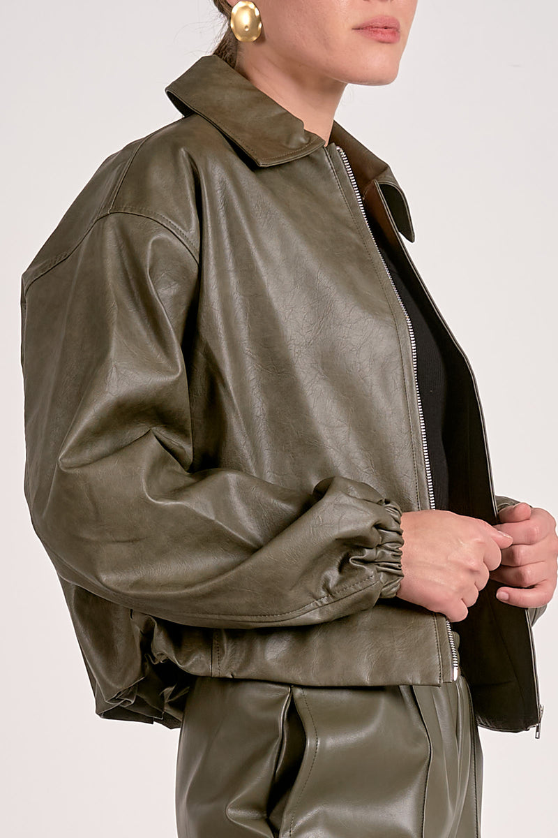 ELAN FAUX LEATHER OAKLEY BOMBER - PINE
