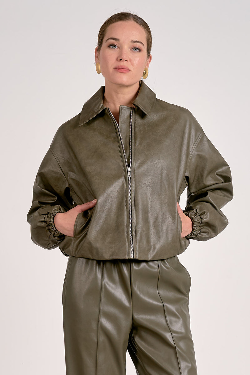 ELAN FAUX LEATHER OAKLEY BOMBER - PINE