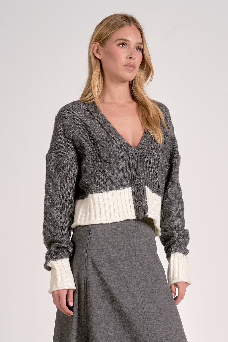 ELAN CARRIE SWEATER CARDIGAN - GREY WHITE COLOR BLOCK