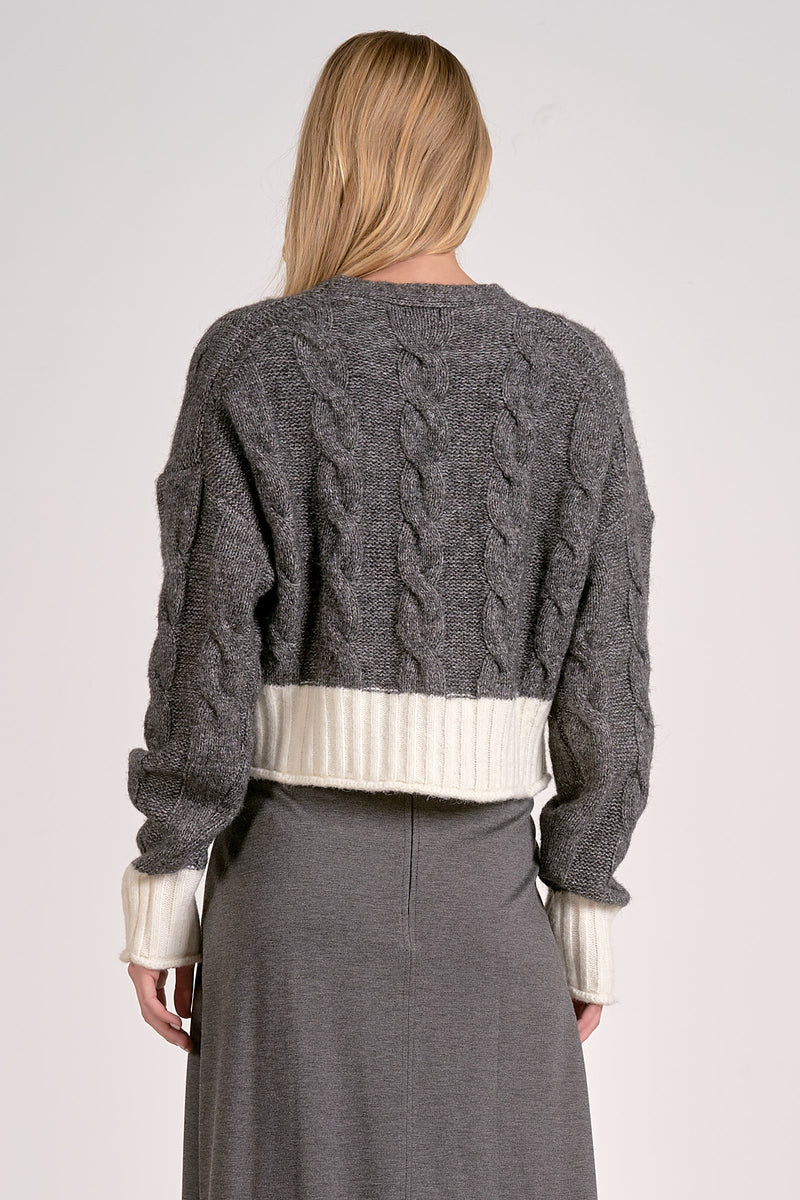 ELAN CARRIE SWEATER CARDIGAN - GREY WHITE COLOR BLOCK