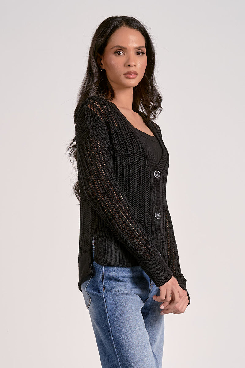 ELAN OPEN KNIT CARDIGAN - BLACK