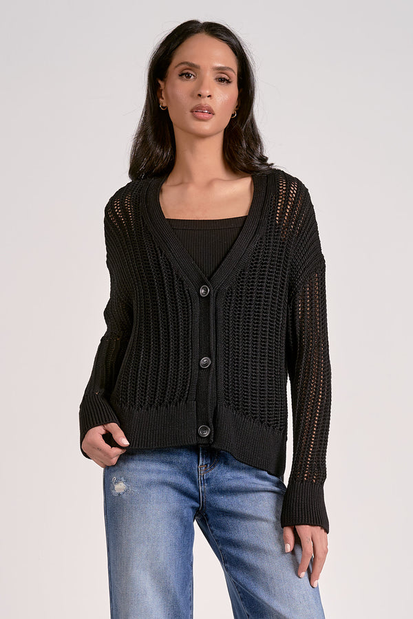 ELAN OPEN KNIT CARDIGAN - BLACK