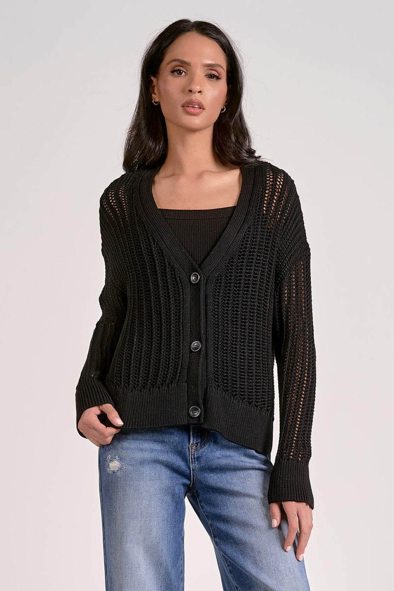 ELAN OPEN KNIT CARDIGAN - BLACK