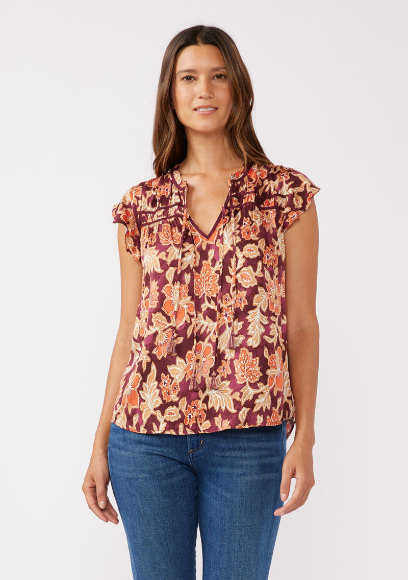 AMBER FIELDS FLUTTER SLEEVE TOP - WINE/DUSTY ROSE