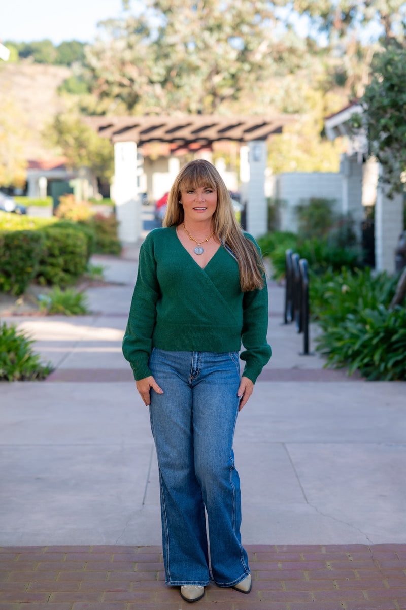 SURPLICE V-NECK SWEATER - DARK GREEN