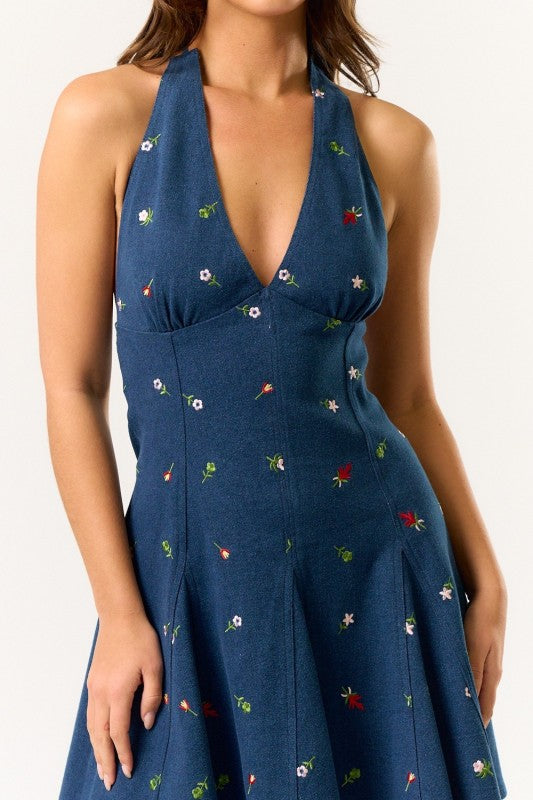 EMBROIDERED DENIM MINI DRESS - DARK DENIM