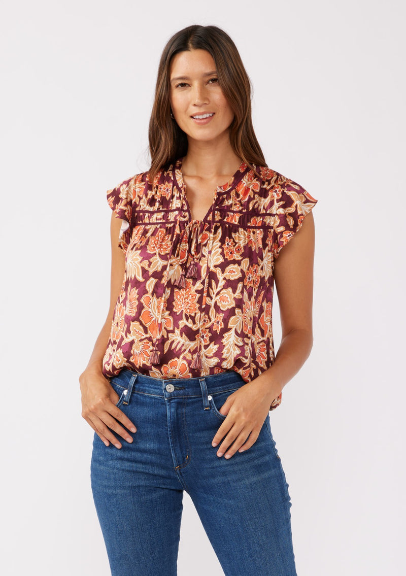 AMBER FIELDS FLUTTER SLEEVE TOP - WINE/DUSTY ROSE