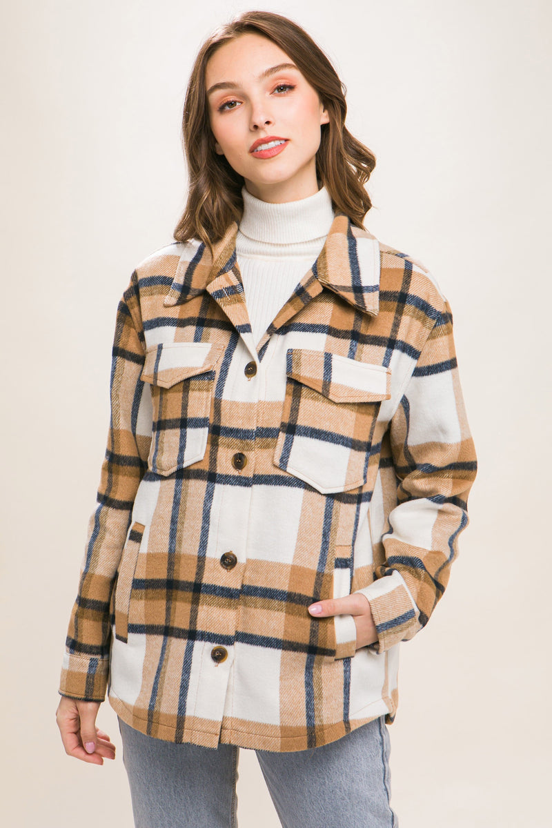 PLAID BUTTON UP SHACKET - CAMEL