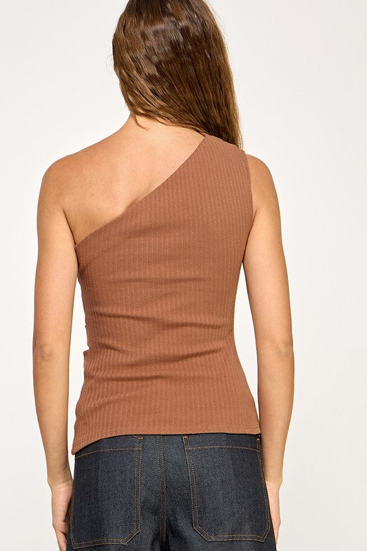 STRETCHY ONE SHOULDER  RIBBED TOP - BROWN