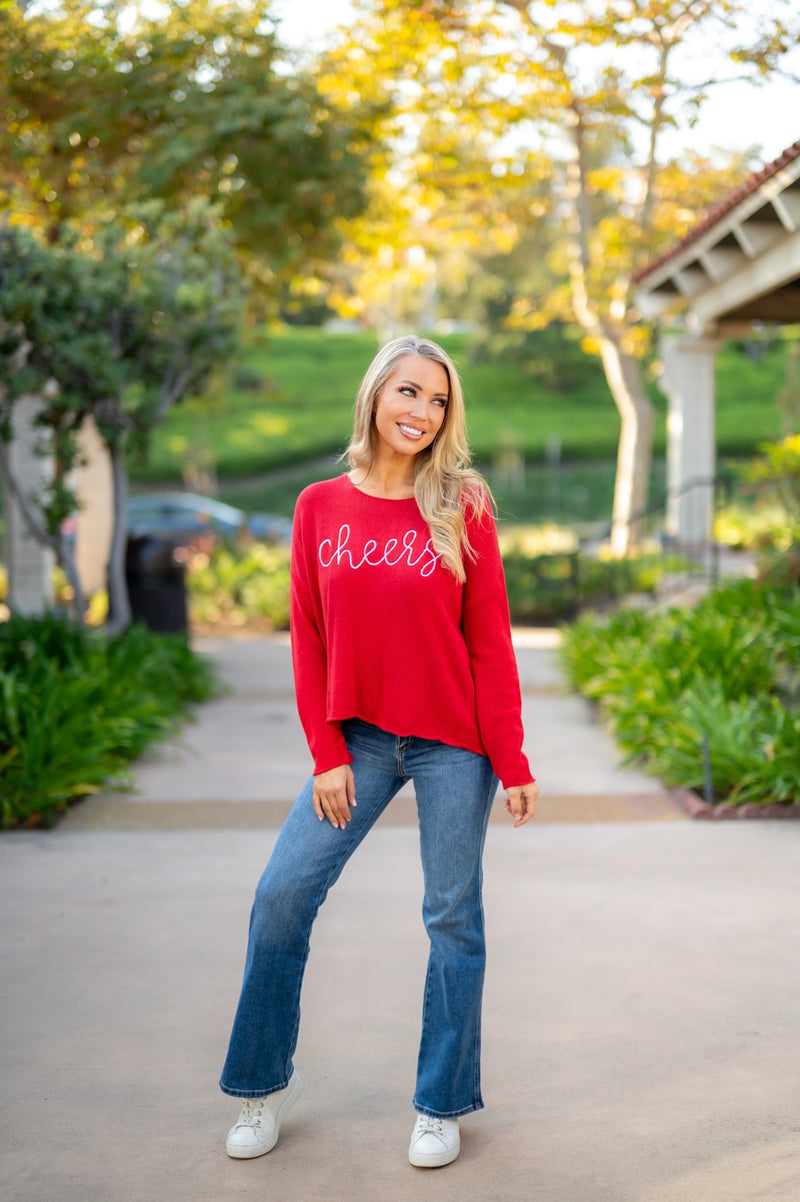 CHEERS CURSIVE SWEATER - RED/WHITE