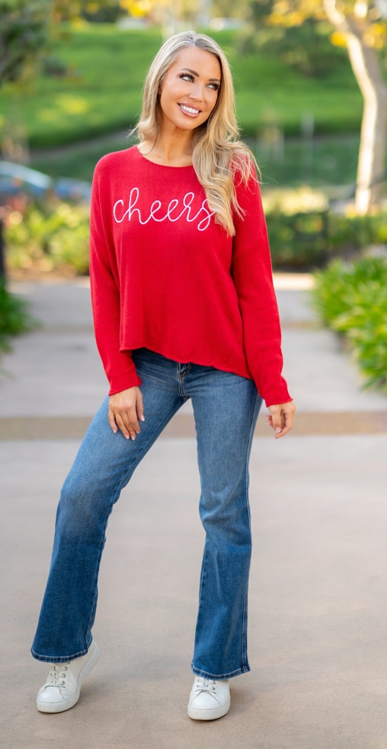 CHEERS CURSIVE SWEATER - RED/WHITE