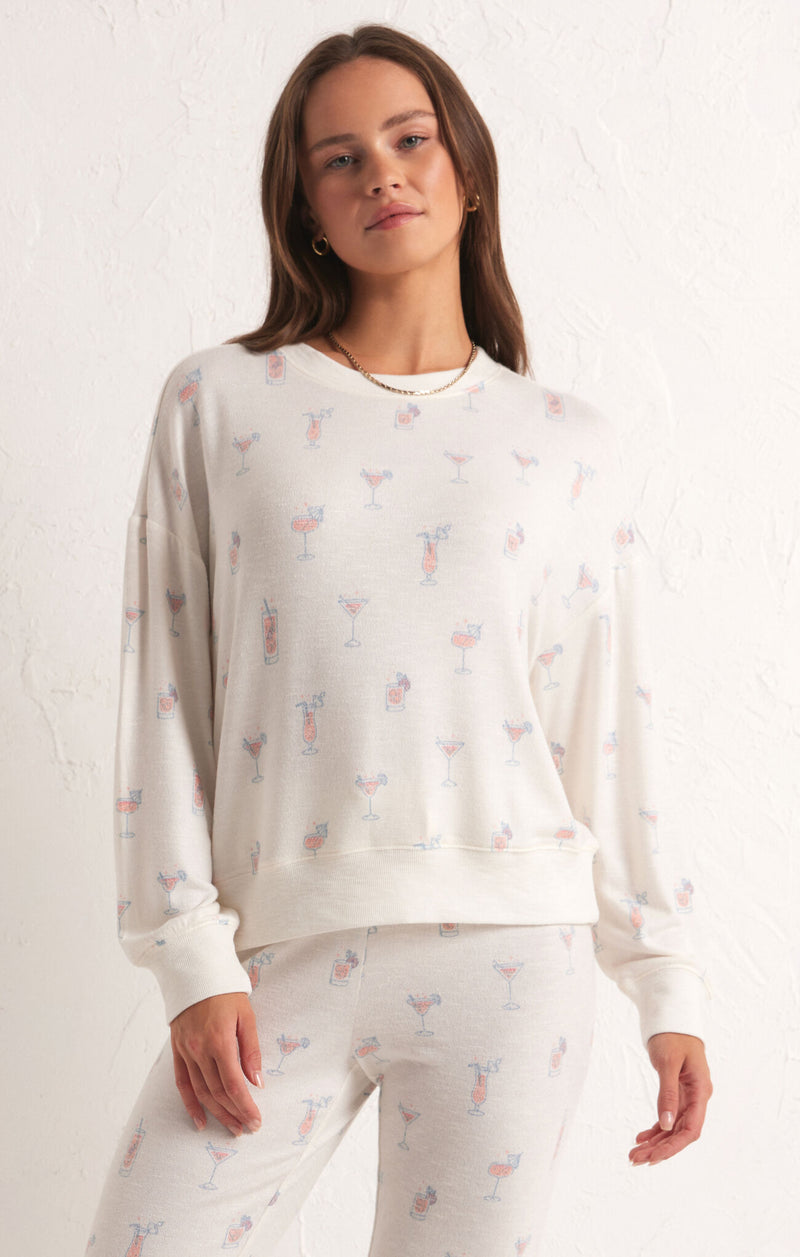 Z SUPPLY HAPPY HOUR COCKTAILS LONG SLEEVE TOP - CLOUD DANCER