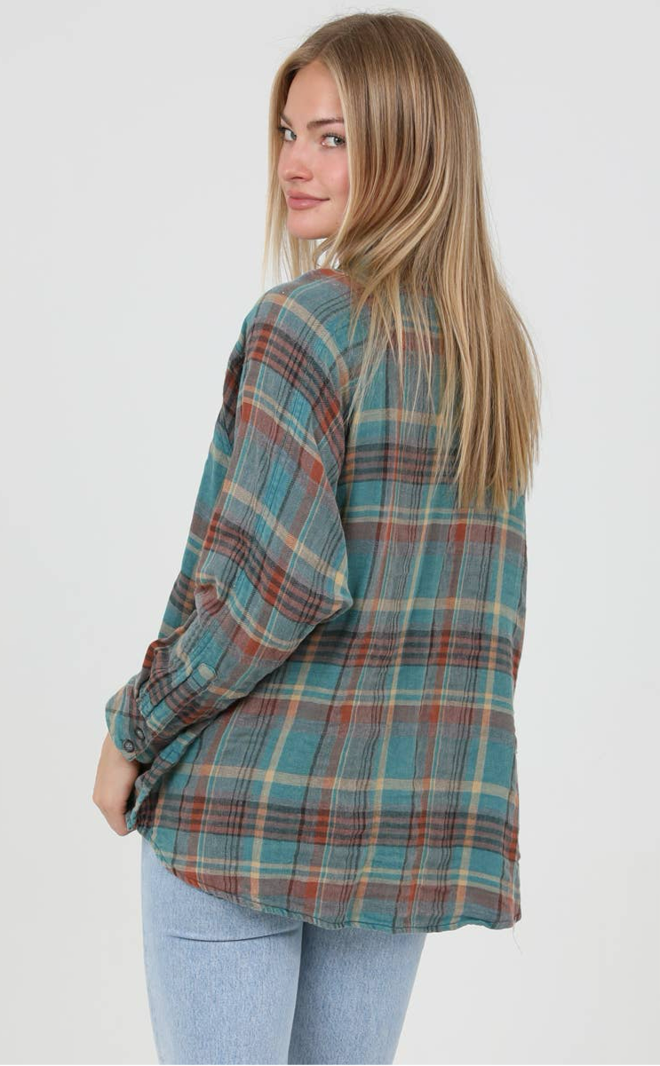 PLAID BUTTON FRONT SHIRT - TURQUOISE