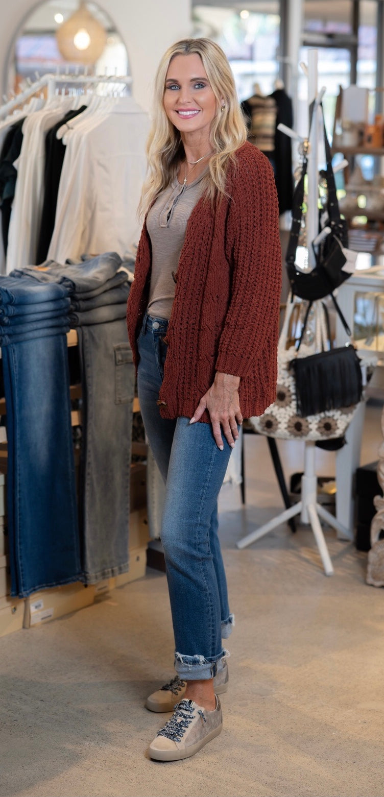 CHENILLE CABLE KNIT CARDIGAN - SEDONA